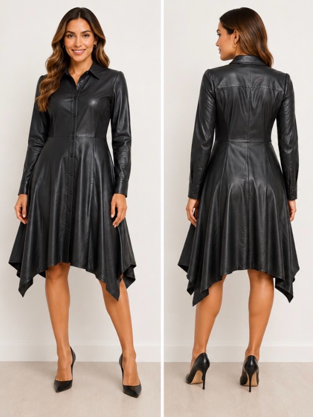 BCBGMaxAzria Black Faux-Leather Handkerchief-Hem Shirt Dress